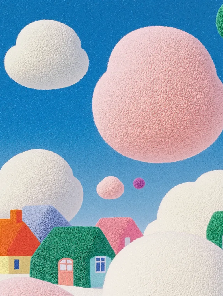 A whimsical scene with fluffy, textured clouds in various shapes and colors against a bright blue sky. Small houses with colorful facades and rounded roofs add a touch of whimsy.  The image is reminiscent of a child's drawing or a playful dream.