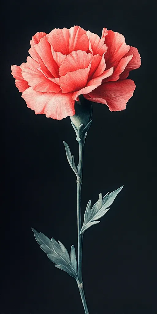 A single, delicate pink carnation with a ruffled bloom stands tall against a dark background. Its long, slender stem is adorned with delicate green leaves. The carnation's soft petals create a sense of elegance and fragility, captivating the viewer with its understated beauty.