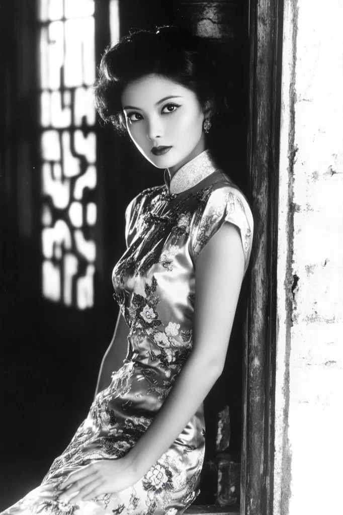 A woman in a traditional Chinese dress stands in a doorway, her hand resting on the frame.  She gazes directly at the viewer, her expression a mix of curiosity and reserve.  The black and white tones enhance the timeless elegance of the scene, emphasizing the woman's captivating beauty.