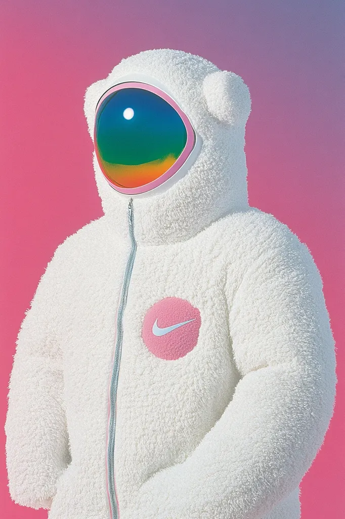 A person is wearing a white, fluffy,  zip-up jacket with a pink Nike swoosh logo. The jacket features a large, round, pink-rimmed visor with a rainbow-colored lens. The background is a bright pink gradient. The person is facing to the right and their face is not visible. The image has a futuristic and playful aesthetic.