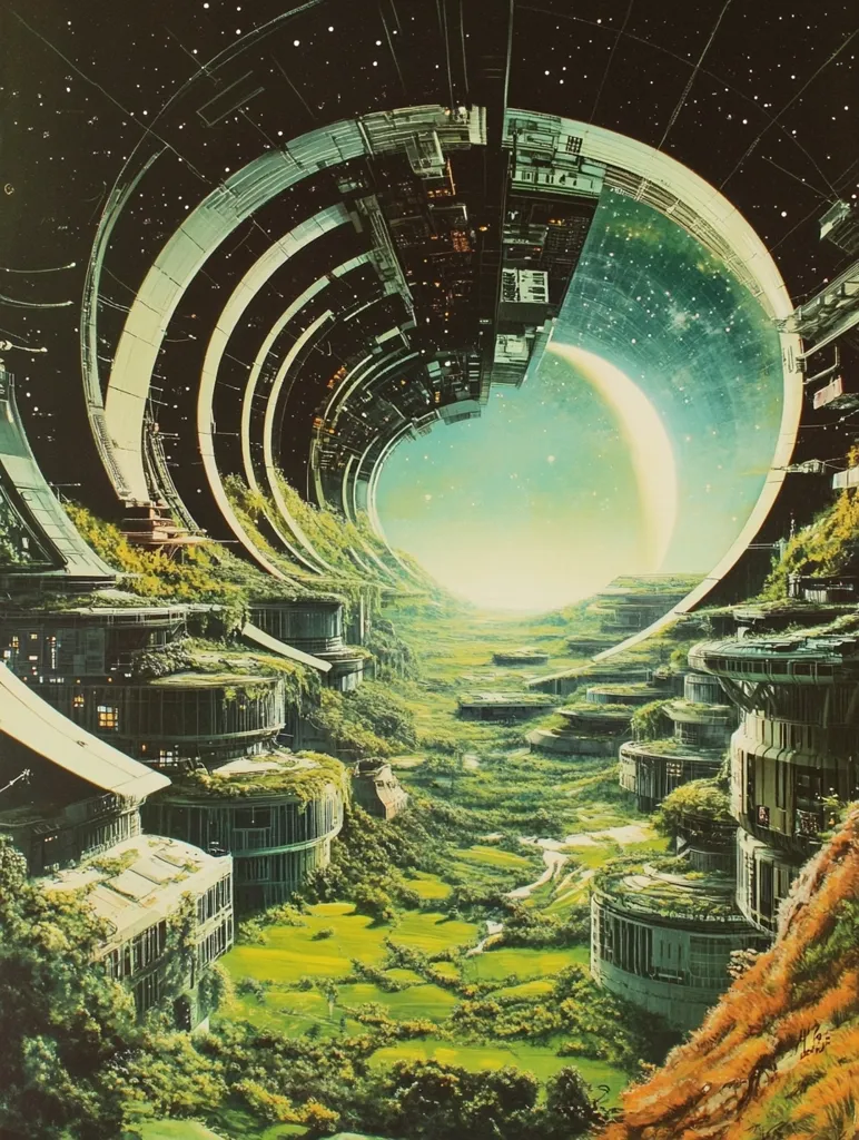 A futuristic city built around a large, circular space station. The station is made of metal and glass, and it is covered in plants. The city is located on a planet with a green, grassy landscape. In the distance, there is a bright light source, suggesting the presence of a sun or a star. The image is a depiction of a possible future where humans have colonized space and built cities on other planets. The image is filled with detail and is a striking example of science fiction art.