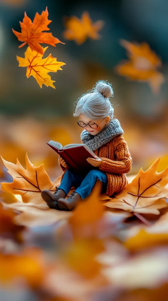 A doll, dressed in a knitted orange sweater and blue jeans, sits on a bed of fallen autumn leaves. She is engrossed in reading a book, her glasses perched on her nose. The leaves surrounding her are a symphony of orange and yellow hues, creating a warm and inviting atmosphere. The doll's calm demeanor and the cozy setting evoke a sense of tranquility and peace.