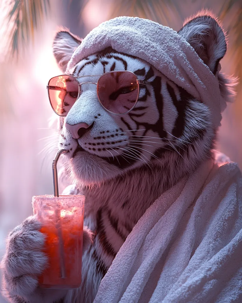 A white tiger wearing sunglasses and a fluffy white towel is enjoying a refreshing drink through a straw. The tiger's fur is soft and white, its eyes are narrowed in contentment, and the drink appears to be a vibrant red color. The background is blurred, with a soft pink glow, suggesting a relaxing and tropical setting. The image captures a moment of cool, calm, and collected enjoyment.