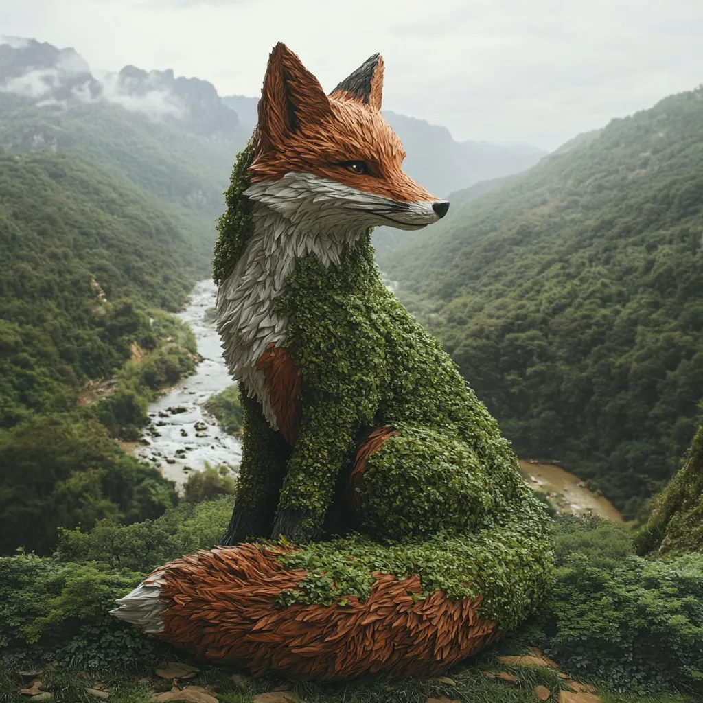 A fox sculpture, crafted from a combination of brown fur and vibrant green foliage, sits atop a rocky precipice overlooking a valley. The fox's form is rendered in intricate detail, its fur and foliage blending seamlessly, creating a natural, almost living appearance. The valley below is lush and green, with a winding river snaking its way through the landscape. The overall scene evokes a sense of tranquility and the harmonious relationship between nature and art.