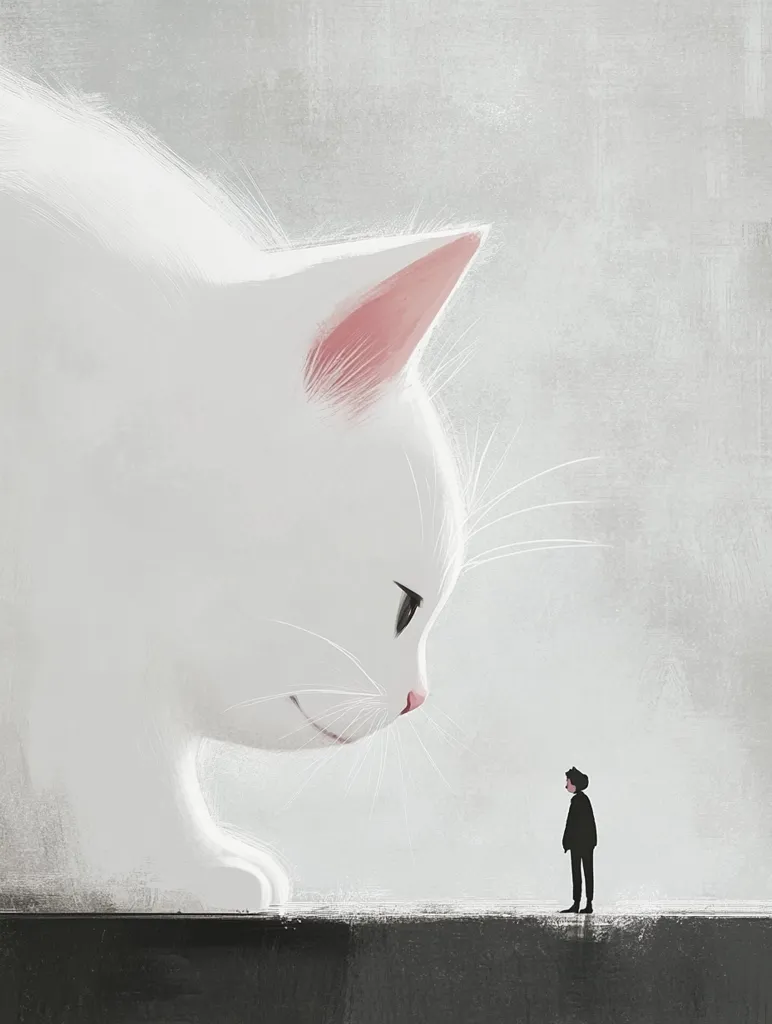 A giant, fluffy white cat with pink ears and black eyes leans down to look at a tiny person standing below. The cat's fur is soft and textured, while the person is a simple silhouette against a grey background. The image has a whimsical and surreal feel, suggesting a relationship of power or perhaps a sense of awe and wonder.  The composition emphasizes the difference in scale, creating a striking visual contrast.