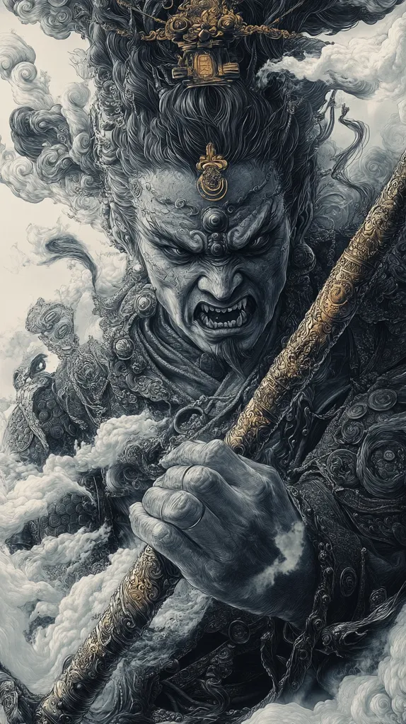 A warrior with a fierce expression and long black hair, adorned with intricate gold jewelry, grips a golden weapon. His face is shadowed and his eyes narrowed in determination. He is surrounded by swirling clouds, emphasizing his power and connection to the supernatural. The image has a dark, dramatic, and somewhat menacing feel.  The warrior's grip on his weapon suggests imminent action.