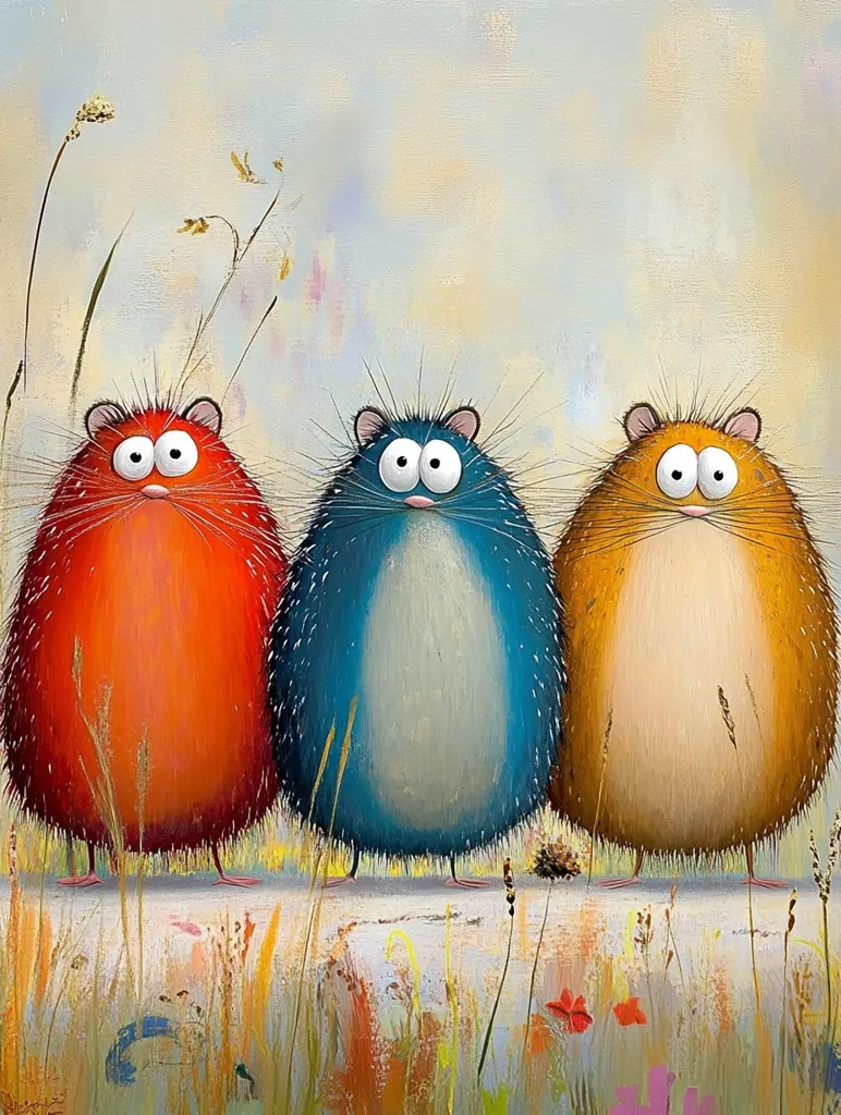 The painting depicts three round, furry creatures standing in a row against a muted background. The creature on the left is red, the middle one is blue, and the one on the right is yellow. They all have large, round eyes and small, pointed mouths. The background is a soft, muted color with a few blades of grass and flowers. The painting has a whimsical and cheerful tone.