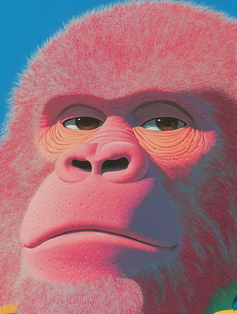 A close-up of a pink gorilla's face. The fur is rendered in a very detailed, almost brushstroke-like manner. The gorilla has a serious expression with its mouth slightly open and its eyes looking intensely forward. The background is a blurred blue sky.