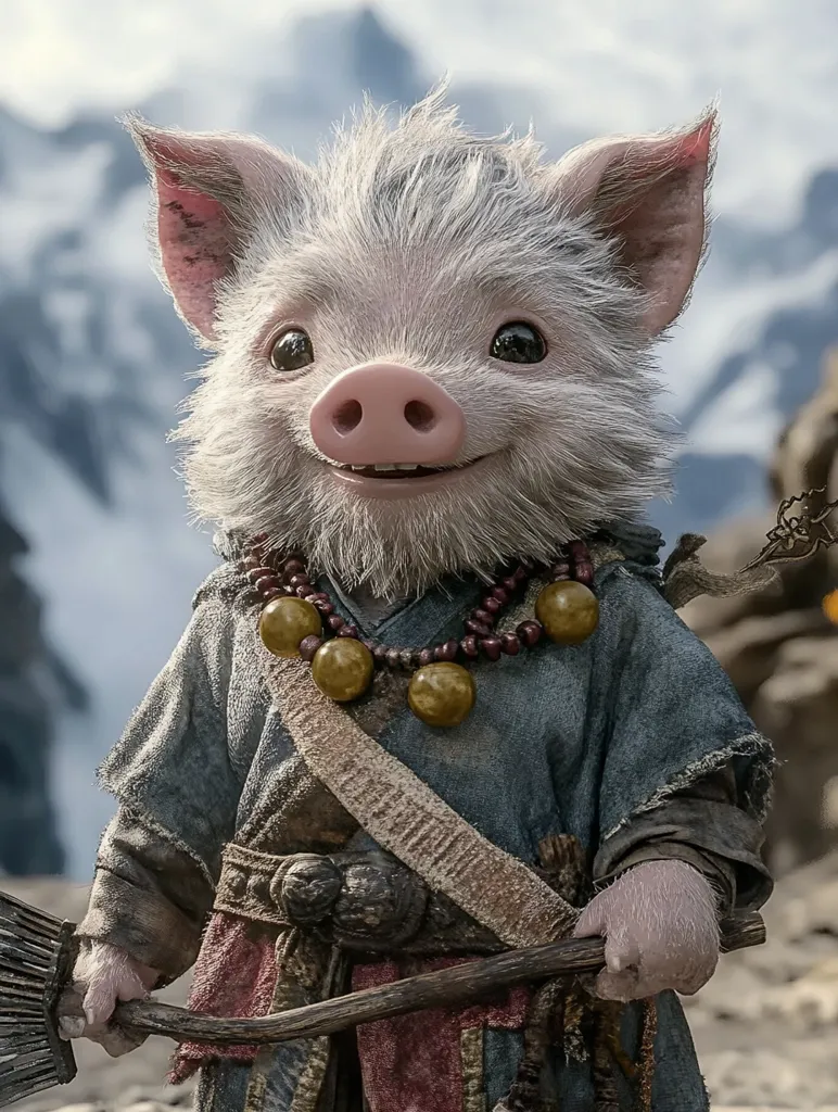 The image shows a pig-like creature with a friendly face, wearing a blue and brown robe and holding a wooden broom. It has a white, fluffy face and a pink nose. The pig is smiling, revealing its teeth. The background is blurry and appears to be a snowy or rocky mountain landscape. The pig is dressed in a traditional style, with a long, flowing robe and a beaded necklace. The creature appears to be kind and approachable.