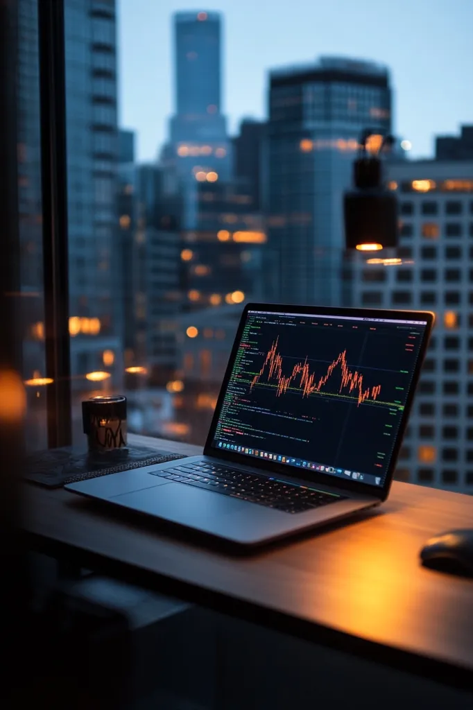 A laptop with a bright screen displaying a graph is situated on a wooden desk by a window overlooking a cityscape. The cityscape is blurred and lit by streetlights. A small candle sits on the desk beside the laptop. The image creates a sense of quiet and concentration.