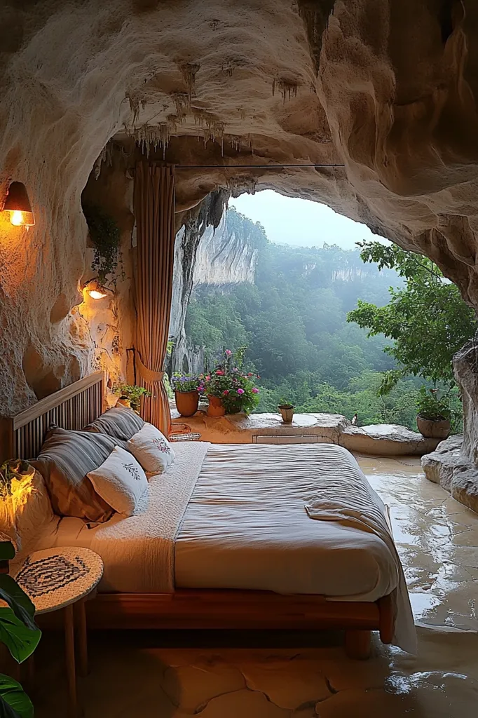 A cozy cave bedroom with a wooden bed, plush pillows, and a side table. The cave entrance frames a breathtaking view of a lush green forest and distant mountains. Warm lighting illuminates the space, creating a sense of tranquility and intimacy. The natural stone walls and the open view create a unique and inviting atmosphere.