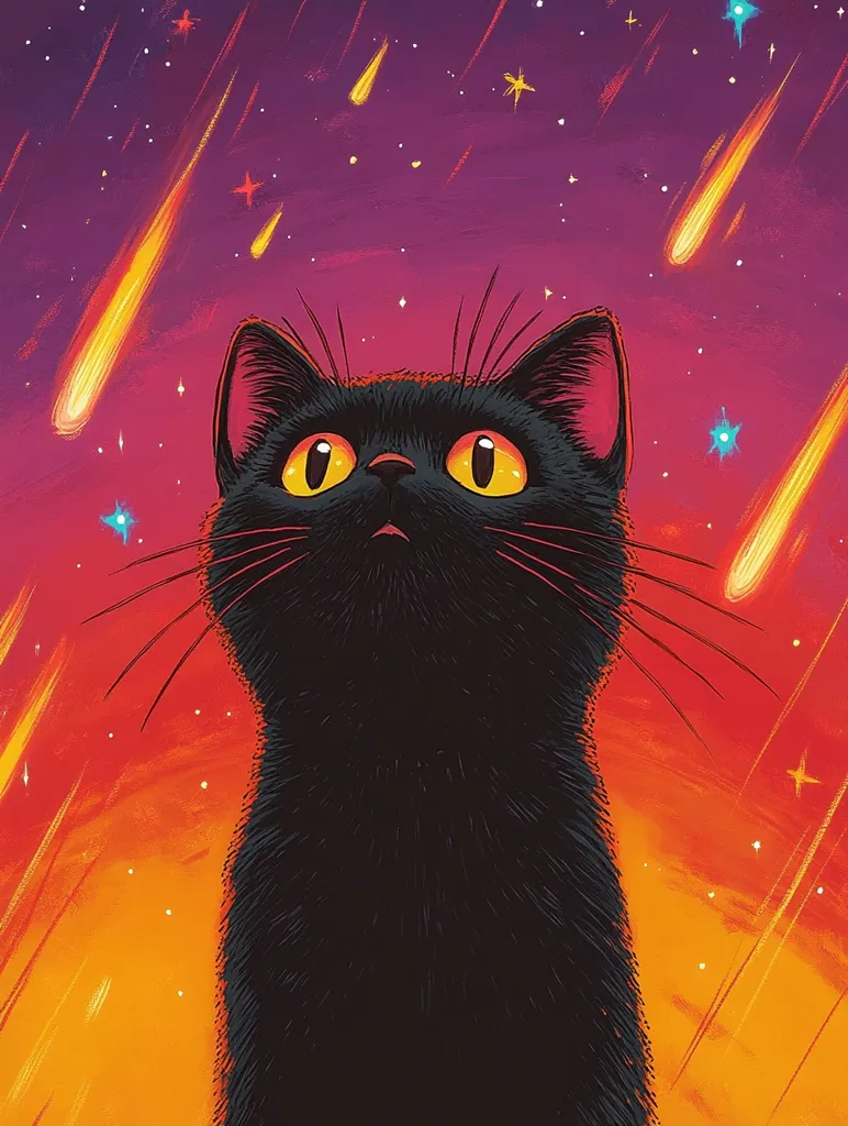 A black cat with bright yellow eyes gazes upwards at a vibrant night sky.  The sky is filled with shooting stars, creating a beautiful, colorful backdrop.  The cat's fur is soft and detailed, and its expression is one of wonder and awe.  The image evokes a sense of magic and the beauty of the night.