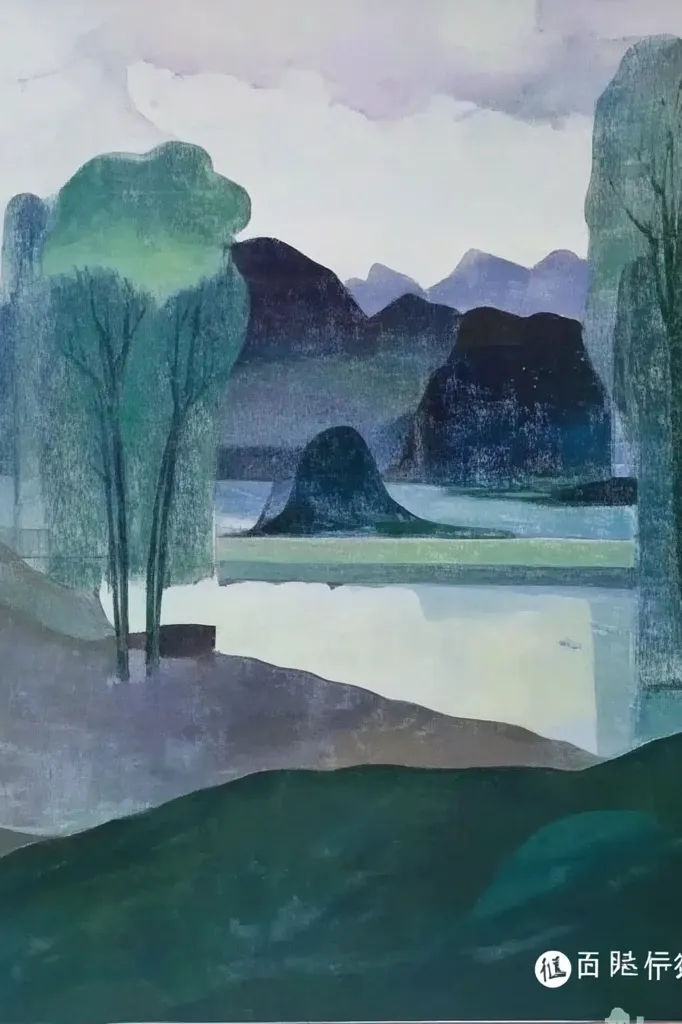 The painting is an abstract landscape with a focus on muted green, blue, and grey hues. Two trees stand prominently in the foreground, while a body of water separates them from a series of layered hills and mountains in the background. The sky above is a pale, hazy white. The artist's use of brushstrokes and color creates a sense of depth and atmosphere.