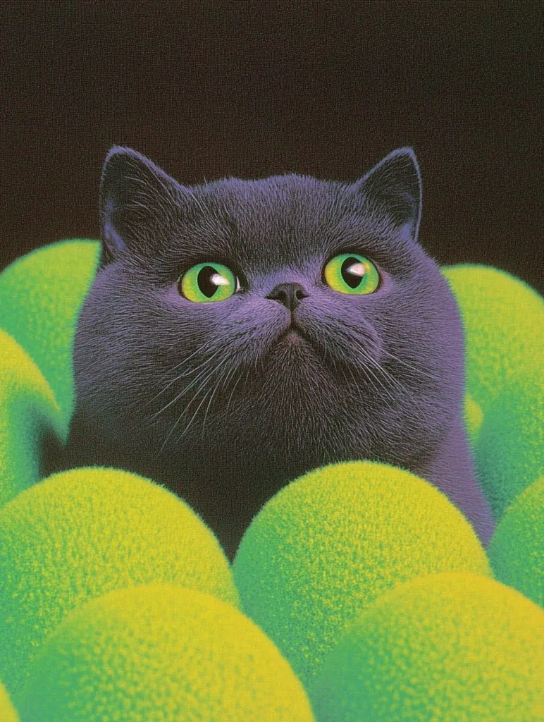 A black cat with large, green eyes stares directly at the viewer. The cat is surrounded by a ring of fuzzy, green balls. The background is a dark, almost black, color. The image is a close-up, focusing on the cat's face. The cat's fur is smooth and shiny. The balls are soft and inviting. The image has a mysterious and intriguing feel.