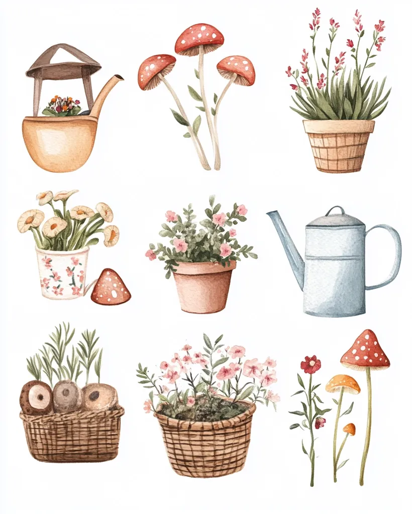 This watercolor illustration features a collection of charming garden elements. There are three types of mushrooms, a teapot, a watering can, a flower pot with pink flowers, a potted succulent, a potted plant with white flowers, and two arrangements of flowers in baskets.  The image has a whimsical, cottagecore aesthetic.