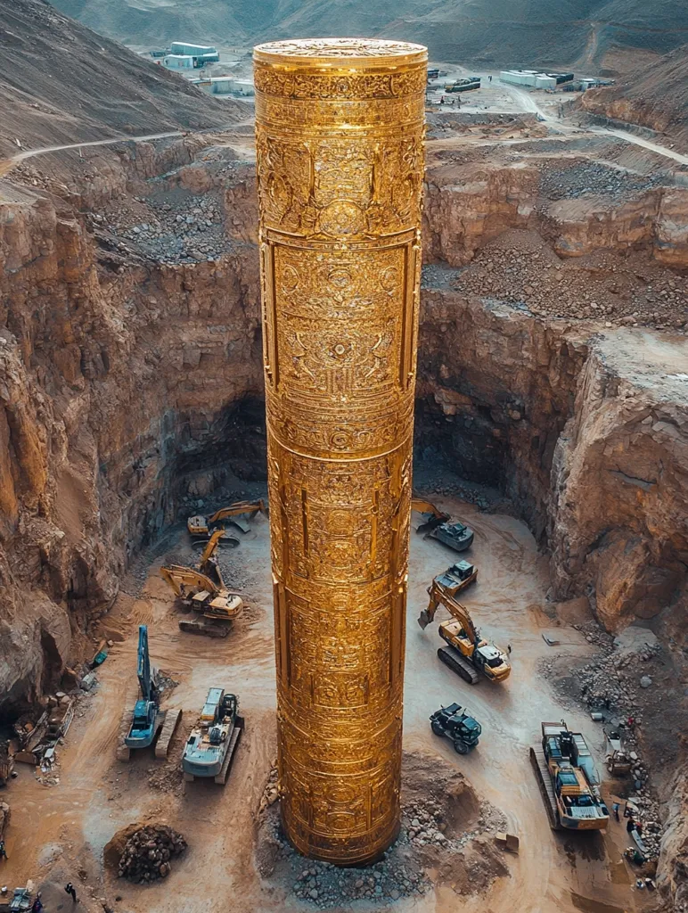 A large, golden cylinder stands tall in a deep pit surrounded by earth and rocks. Several construction vehicles are parked nearby, including excavators and bulldozers. The cylinder is elaborately decorated with intricate patterns and designs, adding to its grandeur and splendor. The surrounding environment suggests a large-scale construction project.