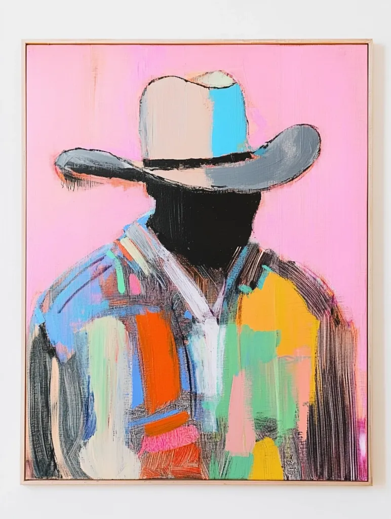 The painting depicts a person wearing a cowboy hat against a pink background. The person's face is obscured by the shadow of the hat. The clothing is a colorful abstract pattern of blues, greens, yellows, pinks and oranges, painted with thick, gestural strokes. The overall effect is bold and vibrant.