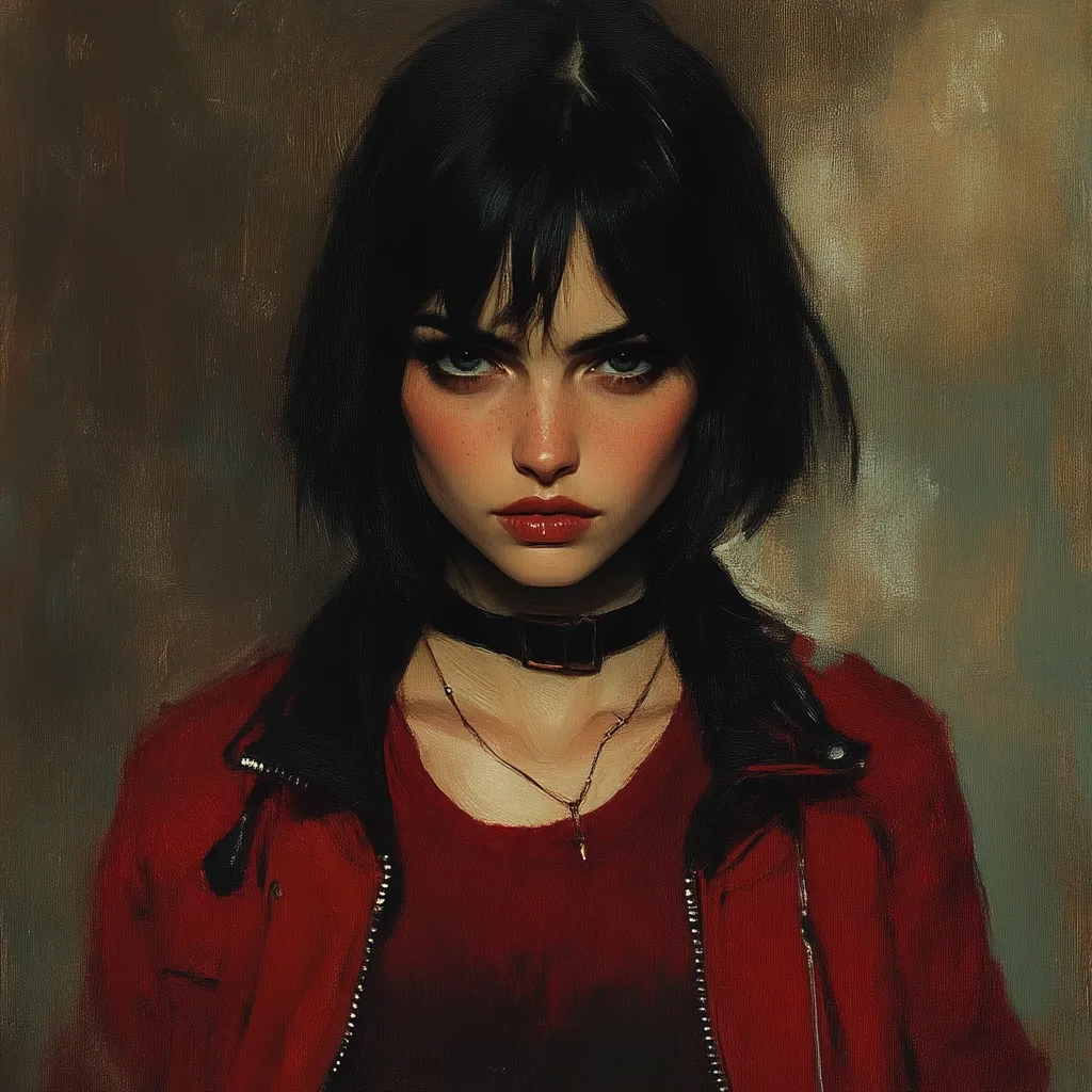 The image portrays a young woman with short black hair, wearing a red leather jacket. She has a serious expression with intense green eyes and red lips. She is adorned with a black choker necklace and a gold chain necklace with a small pendant. The background is a blurred, textured surface that adds depth to the image. The overall mood is one of intensity and confidence, suggesting a strong and determined character.