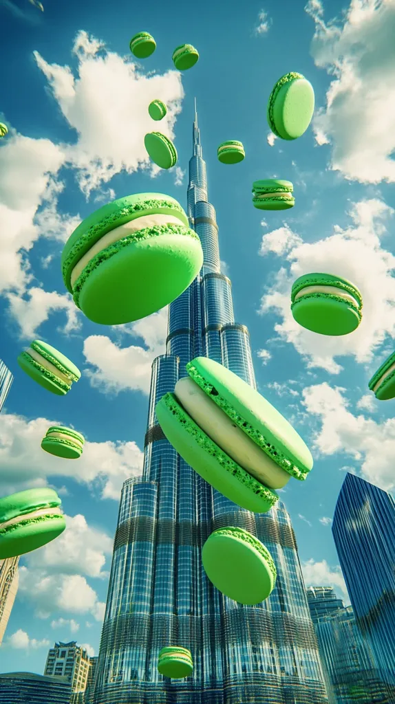 The image shows the Burj Khalifa skyscraper in Dubai, with a bright blue sky and fluffy white clouds overhead.  Numerous green macarons are floating in the air around the building, creating a playful and surreal scene. The vibrant colors and whimsical elements make the image appear as though it were a dream or a fantasy.