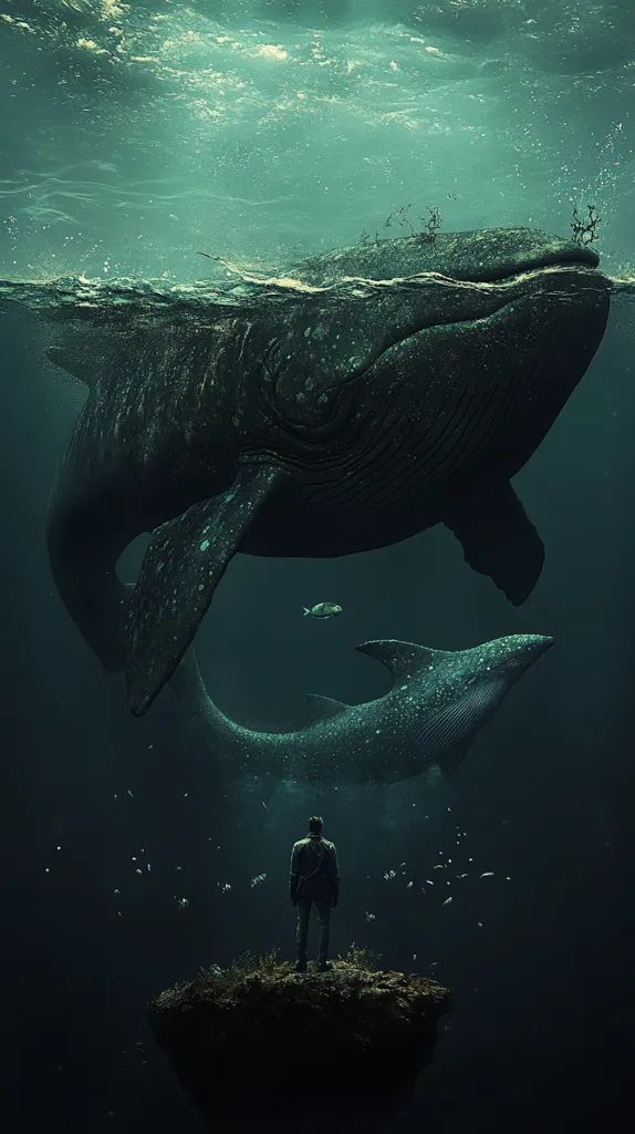 The image depicts a solitary figure standing on a small island in the depths of the ocean.  The figure is dwarfed by two enormous whales, one above and one below, that appear to be interacting with each other.  The scene is bathed in a shadowy blue light, creating a sense of mystery and awe. The small fish and light filtering through the surface suggest a vast, unexplored underwater world.  The image evokes a feeling of solitude and wonder.