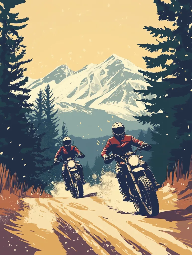 Two motorcyclists in red jackets ride their dirt bikes down a snowy path. They are surrounded by trees and a snow-capped mountain range in the background. The scene is a vintage illustration with a faded, warm color scheme. The image evokes a sense of adventure and freedom.