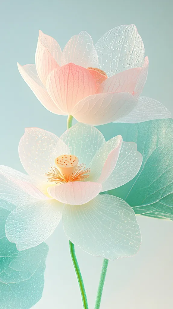 Two delicate lotus flowers, one pink and one white, with translucent petals, stand against a soft blue background. The flowers have a subtle, watery texture, suggesting a gentle rainstorm. The stems are green and slender, adding a touch of vibrancy to the composition. The image evokes a sense of purity, tranquility, and natural beauty.