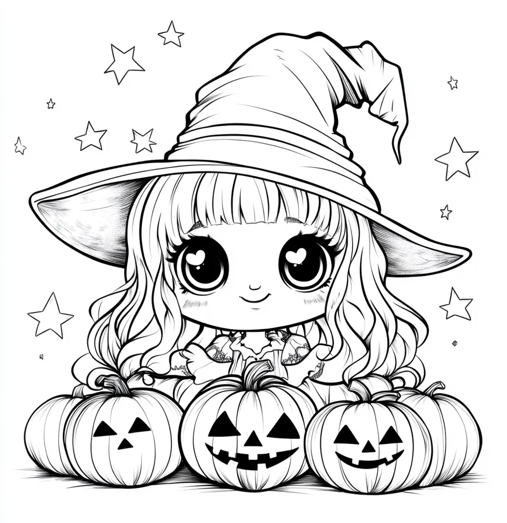A cute cartoon witch with large eyes and a wide-brimmed hat sits amongst four pumpkins. She has a sweet smile and is surrounded by stars. The image is perfect for coloring.