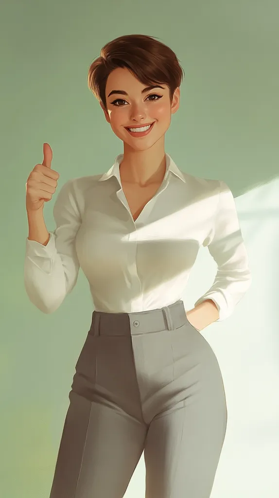 A woman with short brown hair is wearing a white button-down shirt and grey pants. She is smiling and giving a thumbs up. The background is a light green color. The light catches her face and shirt, highlighting her features. She looks confident and friendly.