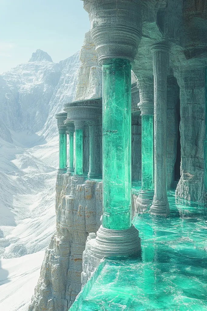 A grand, ancient structure stands atop a snowy mountain peak. The building is constructed of smooth, white stone and features tall, elegant columns filled with shimmering, turquoise liquid. The columns create a passageway leading to a view of the vast, snow-covered landscape below. The scene evokes a sense of wonder and mystery, suggesting a place of ancient power and beauty.