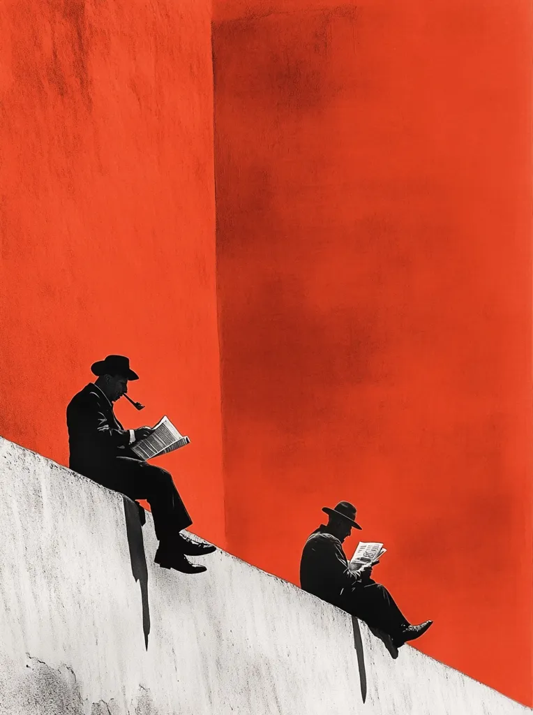 Two men in black hats and suits sit on a ledge against a bright orange wall, reading newspapers. One man holds a pipe in his mouth, while the other holds a newspaper with both hands. Their silhouettes stand out against the vibrant backdrop. The image evokes a sense of solitude and contemplation, with the men lost in their own worlds.
