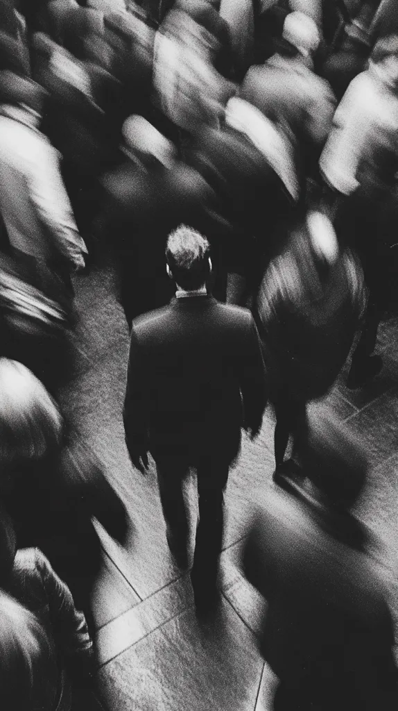 A man in a suit walks through a crowd of blurry figures. The image is in black and white, creating a sense of anonymity and isolation. The man's sharp silhouette contrasts with the hazy background, emphasizing his individuality amidst the throng. The tiled floor adds texture and depth to the composition. The overall effect is one of quiet solitude in a bustling environment.