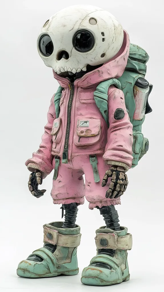 The image shows a small, humanoid figure with a large skull for a head. It's wearing a pink, slightly distressed jacket and matching pants, with a green backpack strapped to its back. The figure has large, dark eyes and a skeleton-like body. It is standing with its hands at its sides, and its feet are wearing large, green boots.