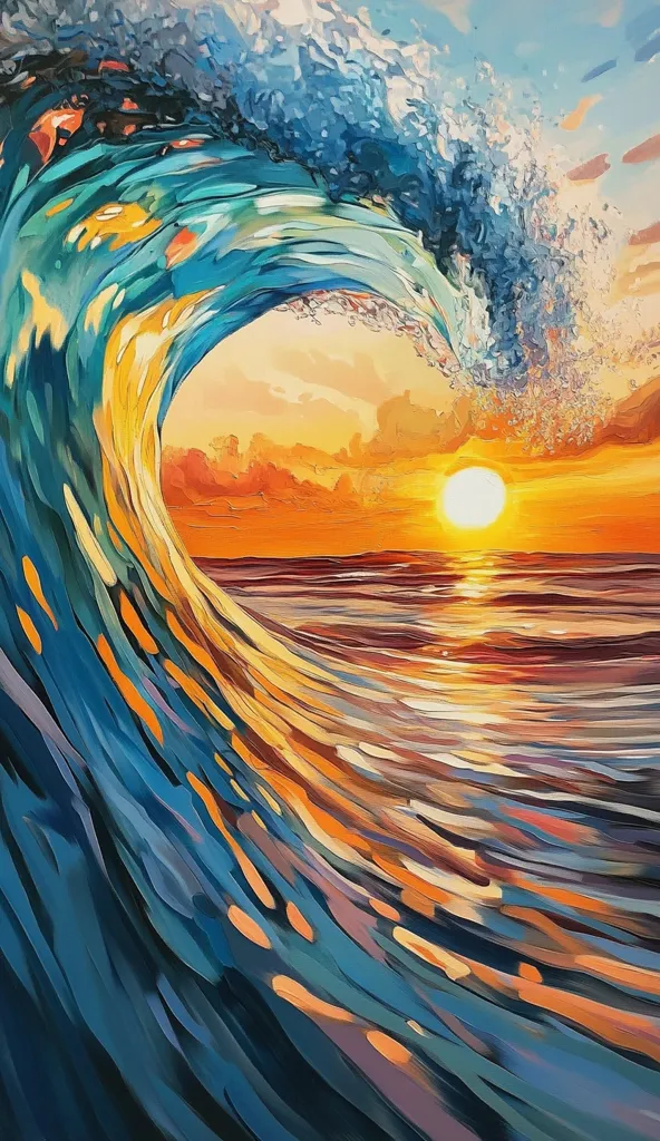 The painting depicts a large wave curling over a vibrant sunset. The wave is a striking shade of blue with streaks of turquoise and white, while the sunset is a blend of warm oranges, yellows, and reds. The sun, a brilliant white orb, hangs just above the horizon, casting a golden glow on the water. The overall effect is one of serene beauty and the power of nature.