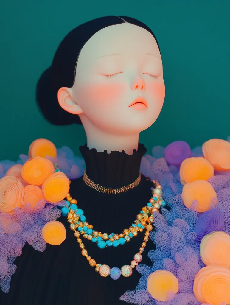 A porcelain doll with closed eyes and rosy cheeks is adorned with a layered necklace of gold and turquoise beads. She wears a black dress and is surrounded by a fluffy, lavender and peach colored floral arrangement. The background is a deep teal. The image evokes a sense of dreamy elegance and whimsical beauty.