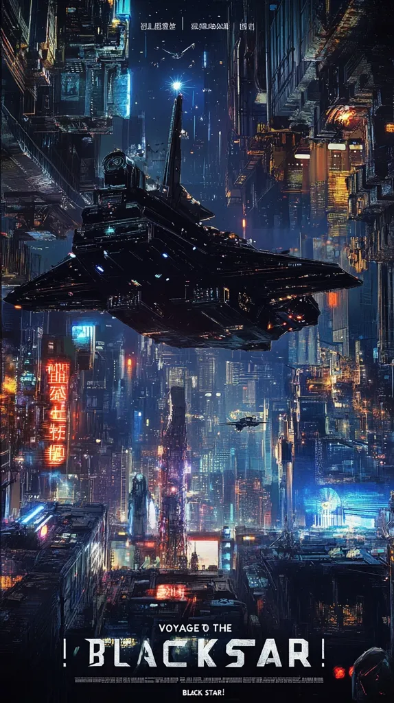 The image is a futuristic cityscape with a large spaceship flying overhead. The city is illuminated with neon lights and skyscrapers reach high into the sky. The spaceship is dark and imposing, with sharp angles and glowing lights. The image evokes a sense of wonder and excitement, with hints of danger and intrigue. The text at the bottom suggests this is a movie poster for a science fiction film called "Voyage to the Black Star."  The overall tone is adventurous and thrilling.