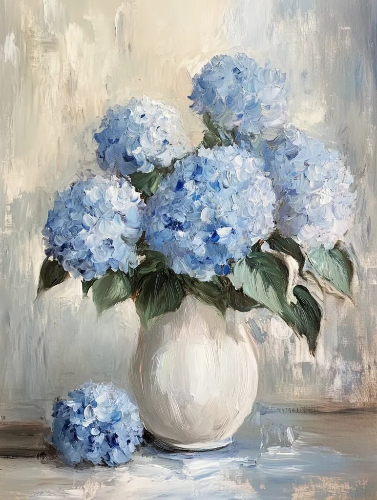 A still life painting depicts a bouquet of blue hydrangeas in a white vase. The flowers are arranged in a casual, slightly asymmetrical manner, with some petals spilling out of the vase. The background is a soft, muted gray, creating a sense of tranquility and peace. The artist has used loose, expressive brushstrokes to capture the texture of the flowers and leaves. The painting evokes a feeling of simple beauty and the fleeting nature of time.