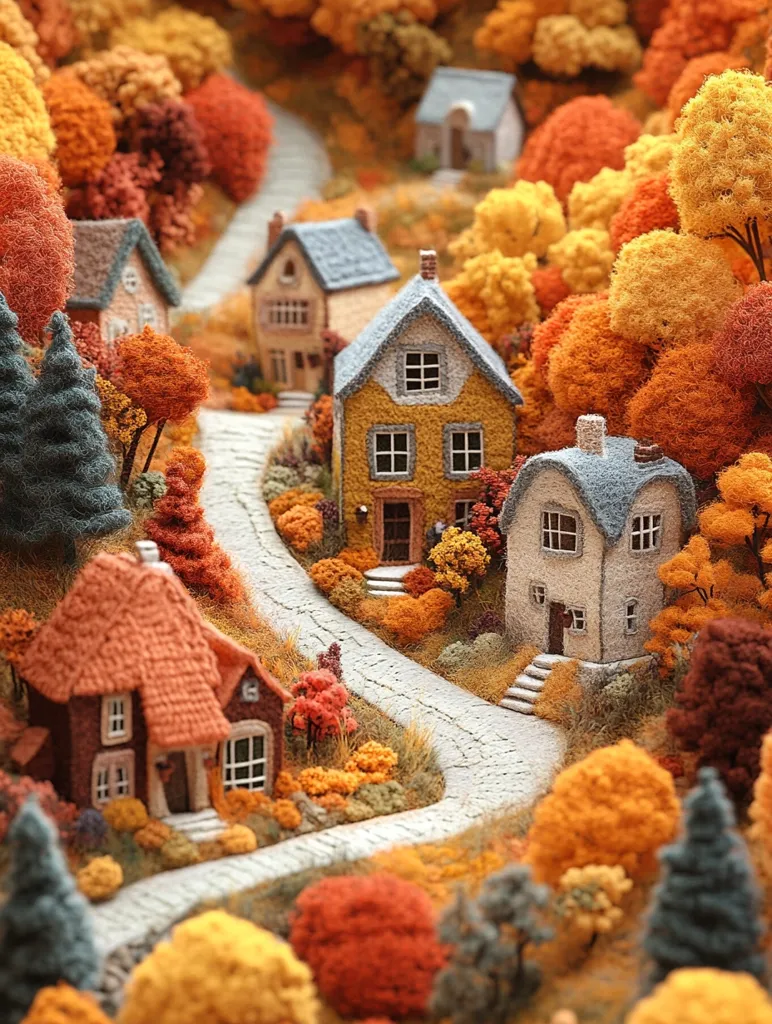 The image shows a miniature village nestled in a fall landscape, crafted with meticulous detail. Tiny houses with intricately woven roofs and walls are scattered along a winding stone path. Lush, vibrant foliage in shades of orange, red, and yellow surrounds the houses, creating a picturesque autumn scene. The scene evokes a sense of cozy charm and peaceful tranquility, inviting the viewer to step into this miniature world.
