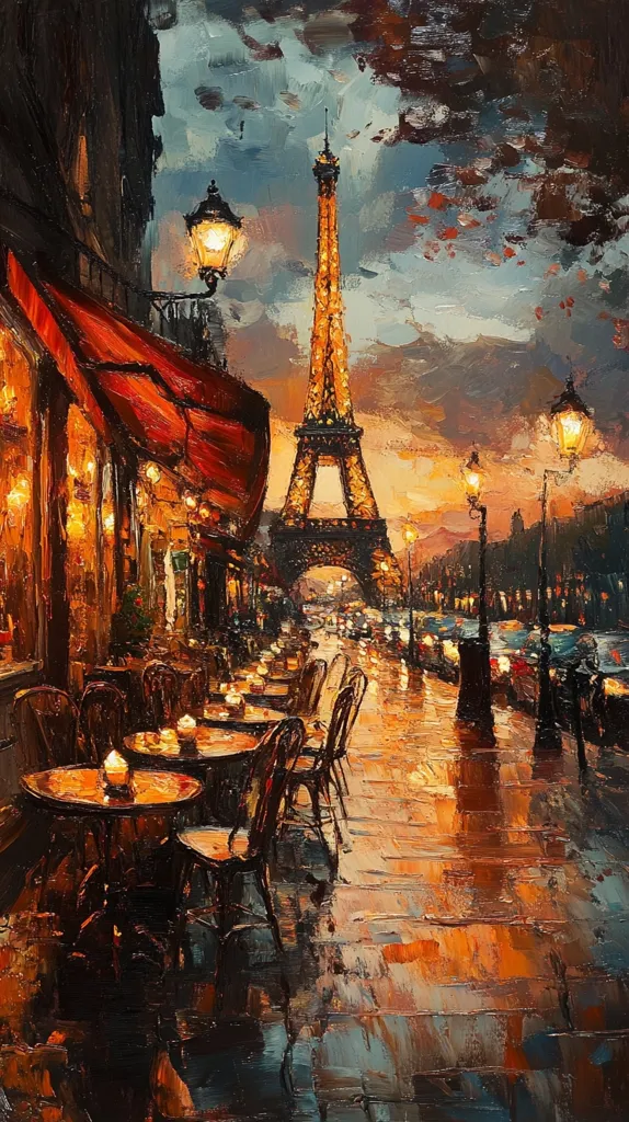 The painting depicts a Parisian street scene with the Eiffel Tower in the background.  A cafe with red awning is on the left side of the painting, with tables and chairs set up on the sidewalk. The street is wet from a recent rain, and the lights from the street lamps and the cafe are reflected in the puddles. The painting is done in a loose and impressionistic style, with thick brushstrokes and vibrant colors.  The overall effect is one of warmth, romance, and nostalgia.