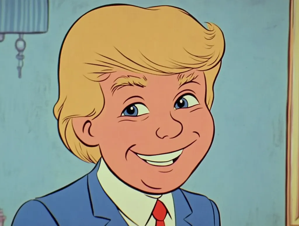 The image shows a cartoon caricature of a young man with blond hair, a wide smile, and a blue suit. He is looking to the right with one eye open and the other closed.  The image is drawn in a simple, cartoon style, with bright colors and exaggerated features. The background is a plain blue wall.  The image is likely a parody or satirical depiction of a real person.