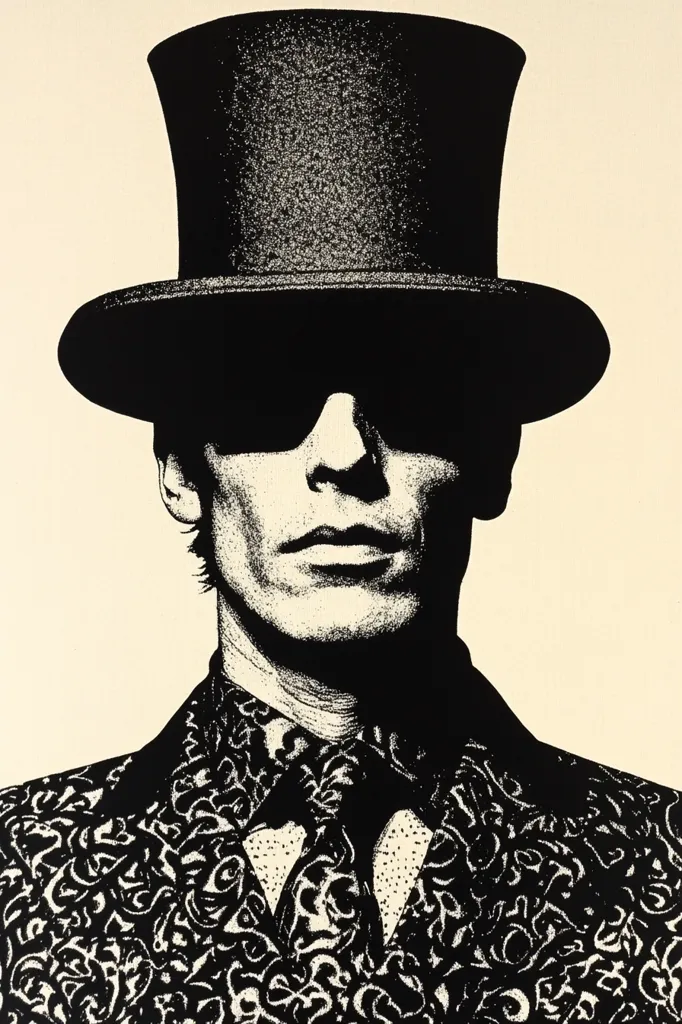 The image is a black and white portrait of a man wearing a top hat and sunglasses. His face is obscured by the hat and sunglasses, but his serious expression is visible. He is wearing a patterned suit with a tie. The image is likely a stylized representation of a mysterious or powerful figure. The background is a light cream color.