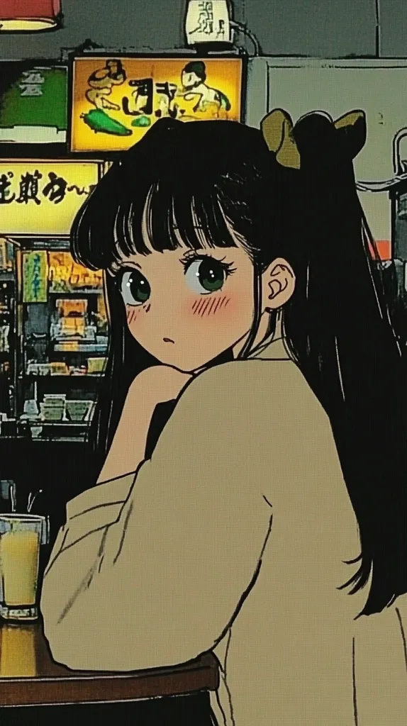 The image shows a young woman with long black hair and a brown jacket, sitting at a table. She has large, expressive eyes and rosy cheeks. She is looking down and resting her chin on her hand. A glass of liquid sits on the table in front of her. The background is a blurred image of a Japanese street scene. The artwork is done in a cartoon style with vibrant colors and exaggerated features.  The overall mood is soft and melancholy.