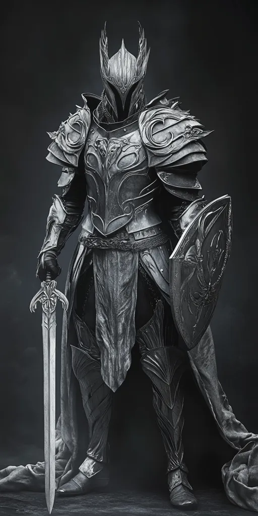 A knight in full plate armor stands with his sword drawn, his face obscured by a helmet. The armor is intricately detailed with spikes and crests. He holds a large shield with an ornate design, and his cloak flows behind him. The image is in black and white, creating a dramatic and imposing atmosphere.