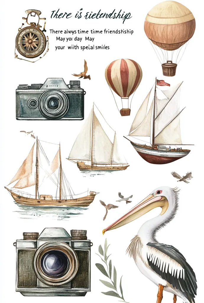The image is a watercolor illustration with a whimsical theme. It features two vintage cameras, a compass, a hot air balloon, a sailboat, a pelican, and a few birds. The colors are soft and muted, creating a sense of tranquility. The text at the top reads "There is friendship."  The image suggests a sense of adventure and exploration.