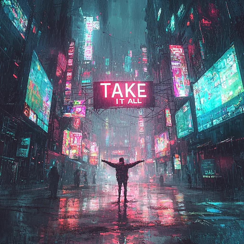 A man stands in the middle of a neon-lit city street, arms outstretched as if embracing the urban jungle. The street is wet from rain, reflecting the vibrant hues of the towering buildings adorned with numerous signs and billboards. A prominent sign reads "Take it All," adding a layer of intrigue and ambition to the scene. The image evokes a sense of both excitement and overwhelming presence, capturing the energy and allure of a bustling city at night.
