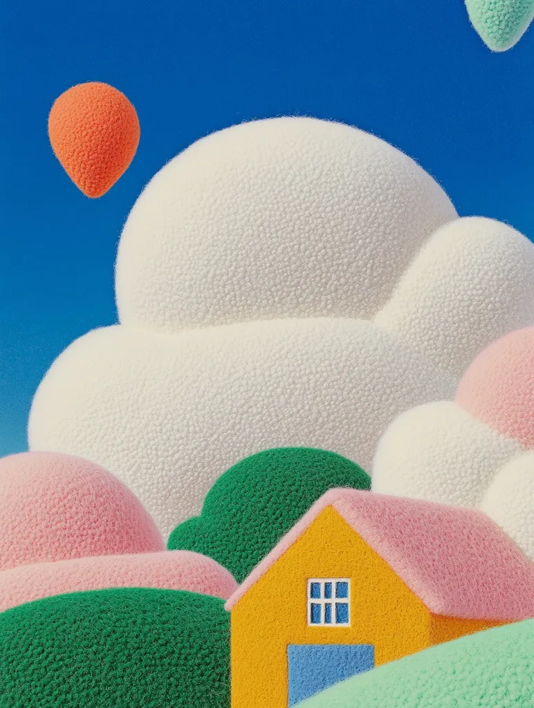 A whimsical 3D illustration of a cartoon landscape with a yellow house, fluffy green and pink hills, and clouds against a bright blue sky. The house has a pink roof and a blue door. A large white cloud with a textured surface sits on top of the hills. A small orange balloon floats in the top left corner. The image evokes a playful and cheerful atmosphere.
