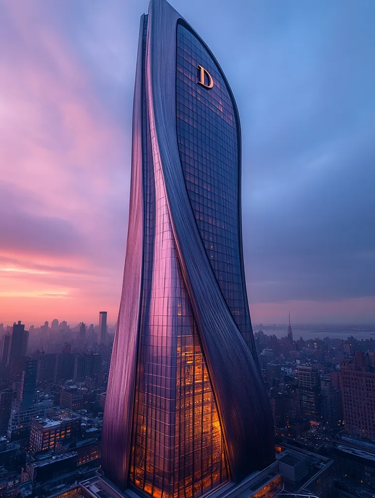 A sleek, modern skyscraper with a unique, curved design stands tall against a vibrant twilight sky. The building is clad in reflective glass that reflects the surrounding city lights and the soft, pink hues of the sunset. A golden "D" is prominently displayed near the top, adding a touch of elegance to the structure. The city sprawls out below, with countless buildings and streets illuminated by the fading light. The image captures the dynamic interplay of architecture, light, and color, creating a captivating scene of urban beauty.