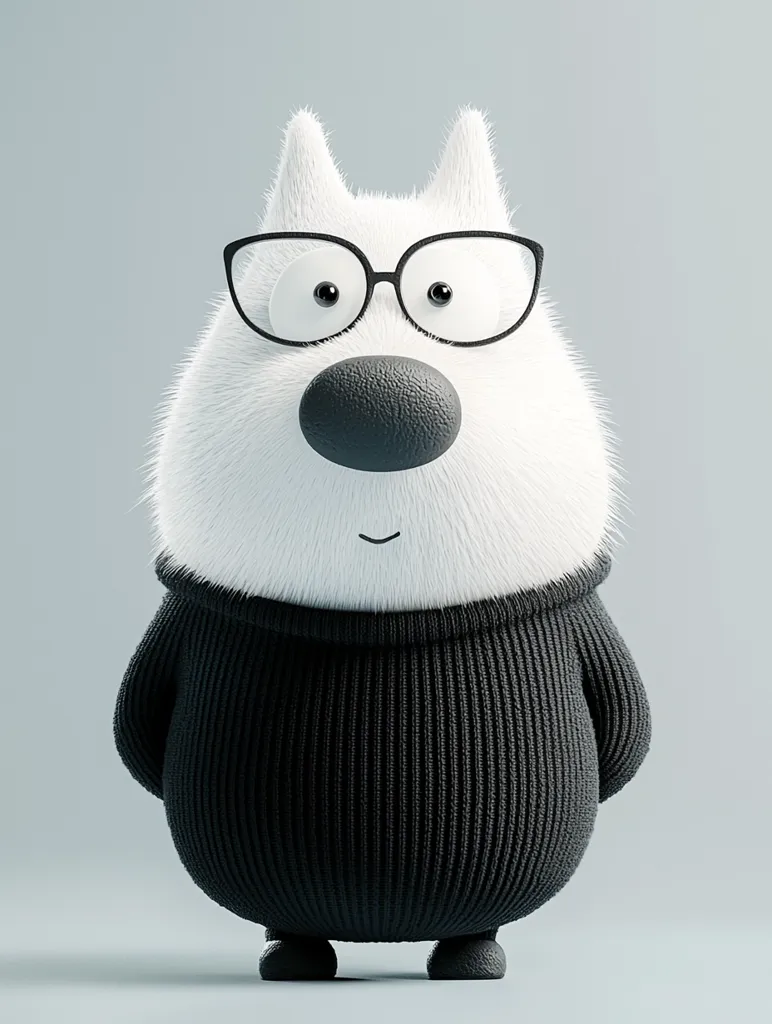The image depicts a cartoon white dog wearing black-rimmed glasses and a black turtleneck sweater. The dog has a large black nose and a fluffy, white coat. It has a friendly and approachable expression with a slight smile on its face. The background is a simple, light blue, providing a neutral backdrop for the subject. The dog appears to be a cheerful and playful character.