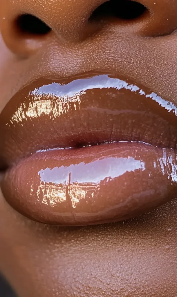 The image shows a close-up of a person's lips. The lips are full and pouty, with a glossy, clear lip gloss applied. The skin around the lips is a warm brown tone, and the light catches the gloss, making it shine. The image is focused on the lips, highlighting their shape and texture. The overall effect is sensual and glamorous.