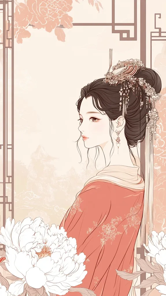 The image depicts a beautiful woman with long, dark hair adorned with intricate jewelry. She is dressed in a traditional Chinese gown with delicate embroidery.  The woman's expression is serene, and her eyes are gentle. The background features delicate floral patterns and a soft, pastel color scheme. The overall impression is one of elegance, grace, and tranquility.