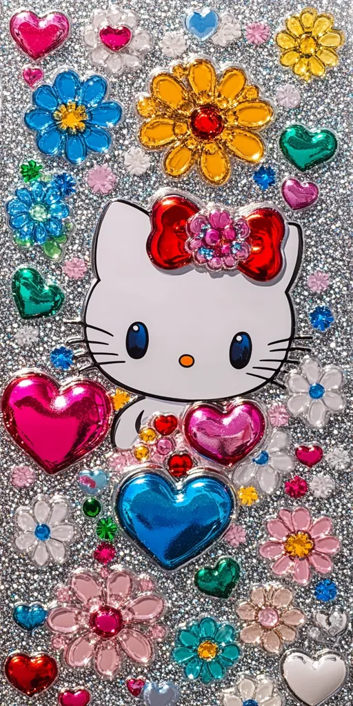The image features a silver background covered in glitter and colorful stickers. A white Hello Kitty character with a red bow is in the center, surrounded by hearts, flowers, and other cute designs. The image has a vibrant and playful aesthetic.